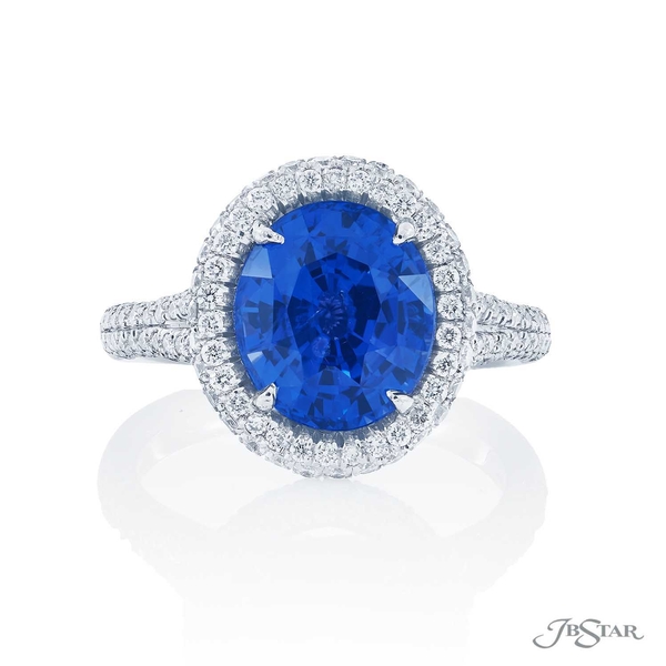 Sapphire and diamond ring featuring a 4.22 ct. certified no-heat oval sapphire in a micro pave setting.0974-271