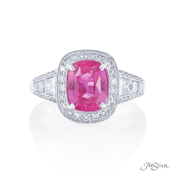 Pink sapphire and diamond ring featuring a 3.09 ct. certified cushion-cut pink sapphire with trapezoid and princess-cut diamonds in a center channel in a micro pave setting.2477-002