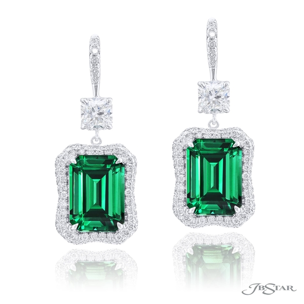 Emerald and diamond earrings featuring stunning 9.19 cttw emerald-cut emeralds edged with micro pave hung from radiant diamonds.7000-001