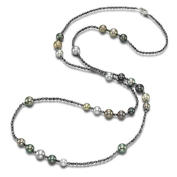 M19029NB-8W.3 18KT White Gold 9-11MM Multicolor Black Tahitian Pearl Necklaces with Black & White Diamonds 63.39 TCW, 42 Inches