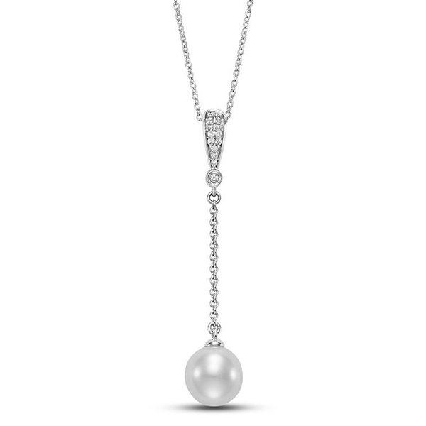 M19073PW.1 14KT White Gold 9-9.5MM White Freshwater Pearl Pendant Necklace with 14 Diamonds 0.075 TCW, 18 Inches